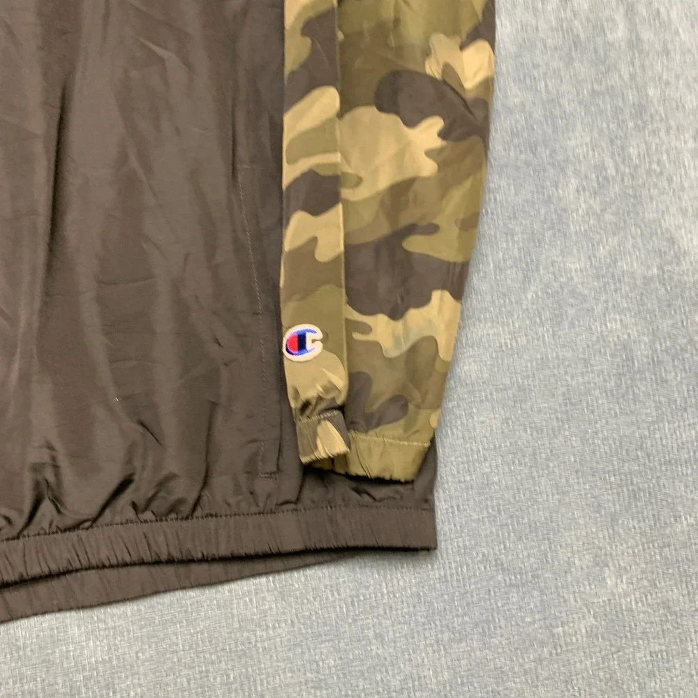 Champion Windbreaker Jacket Mens Large Black Green Camo Hooded Quarter Zip
